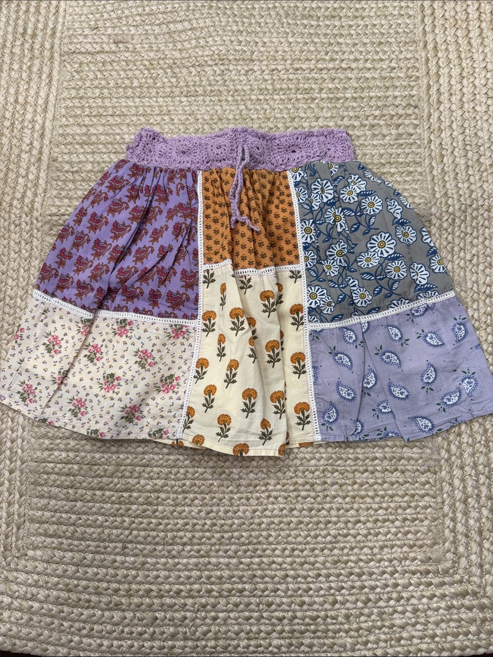 From Zara. A super cute Boho Patchwork Floral Skirt in Lavender and Multi
